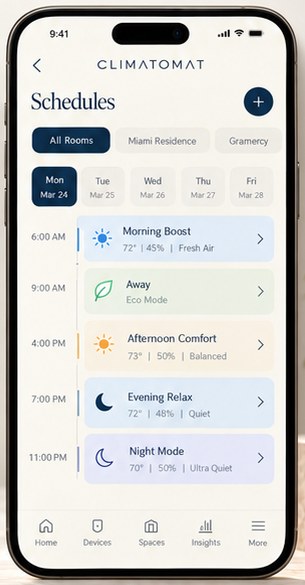 Climatmat app schedules — morning boost, away, evening relax, night mode