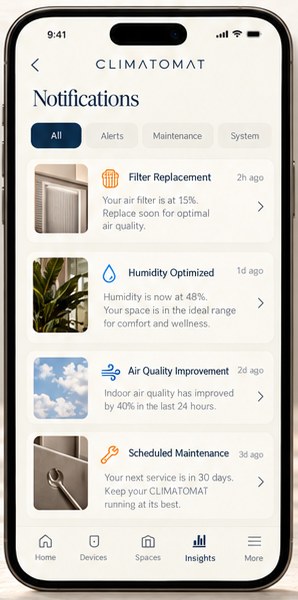 Climatmat app notifications — filter replacement, humidity and air quality updates