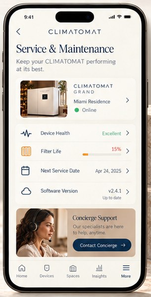 Climatmat app service — device health, filter life and concierge support