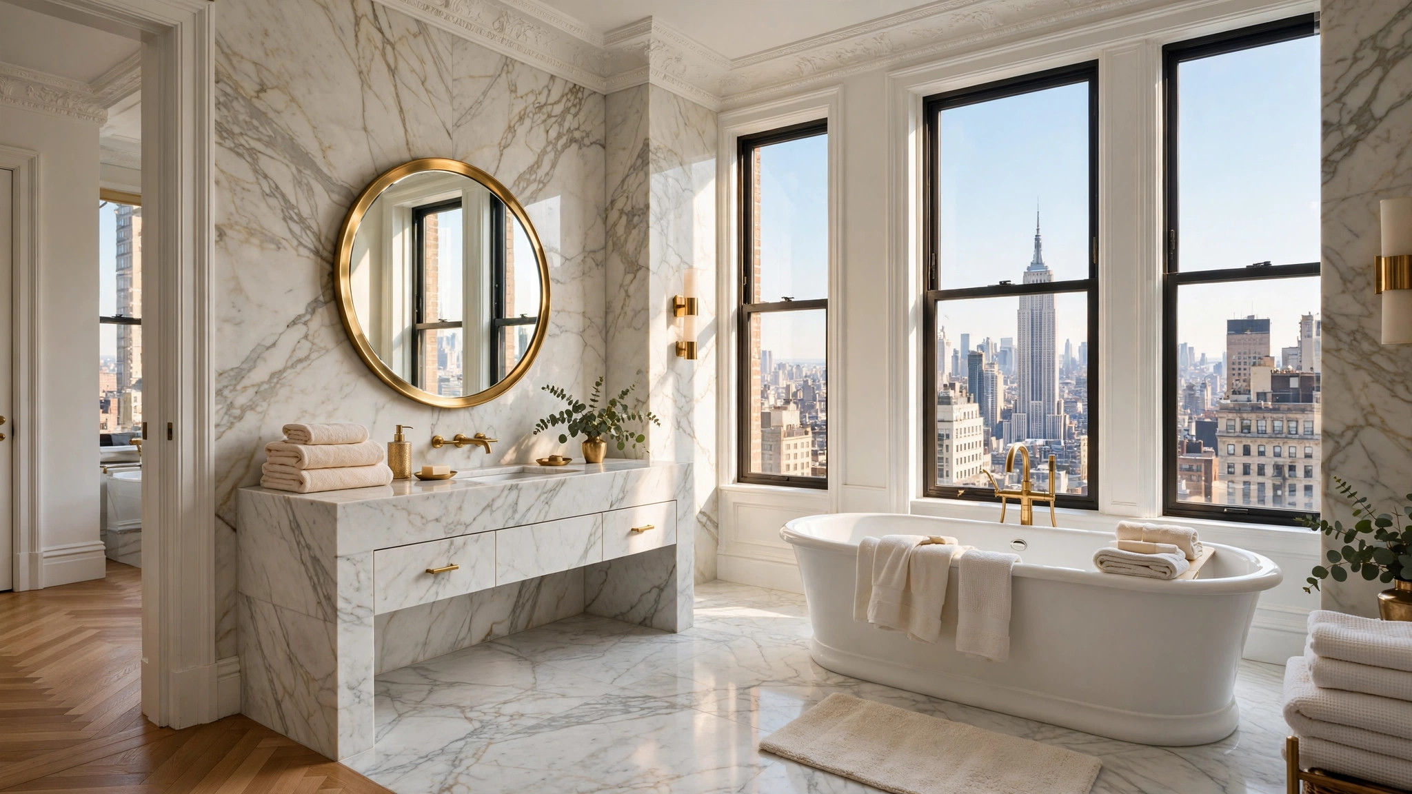 Marble bathroom with brass fixtures and a view over Manhattan