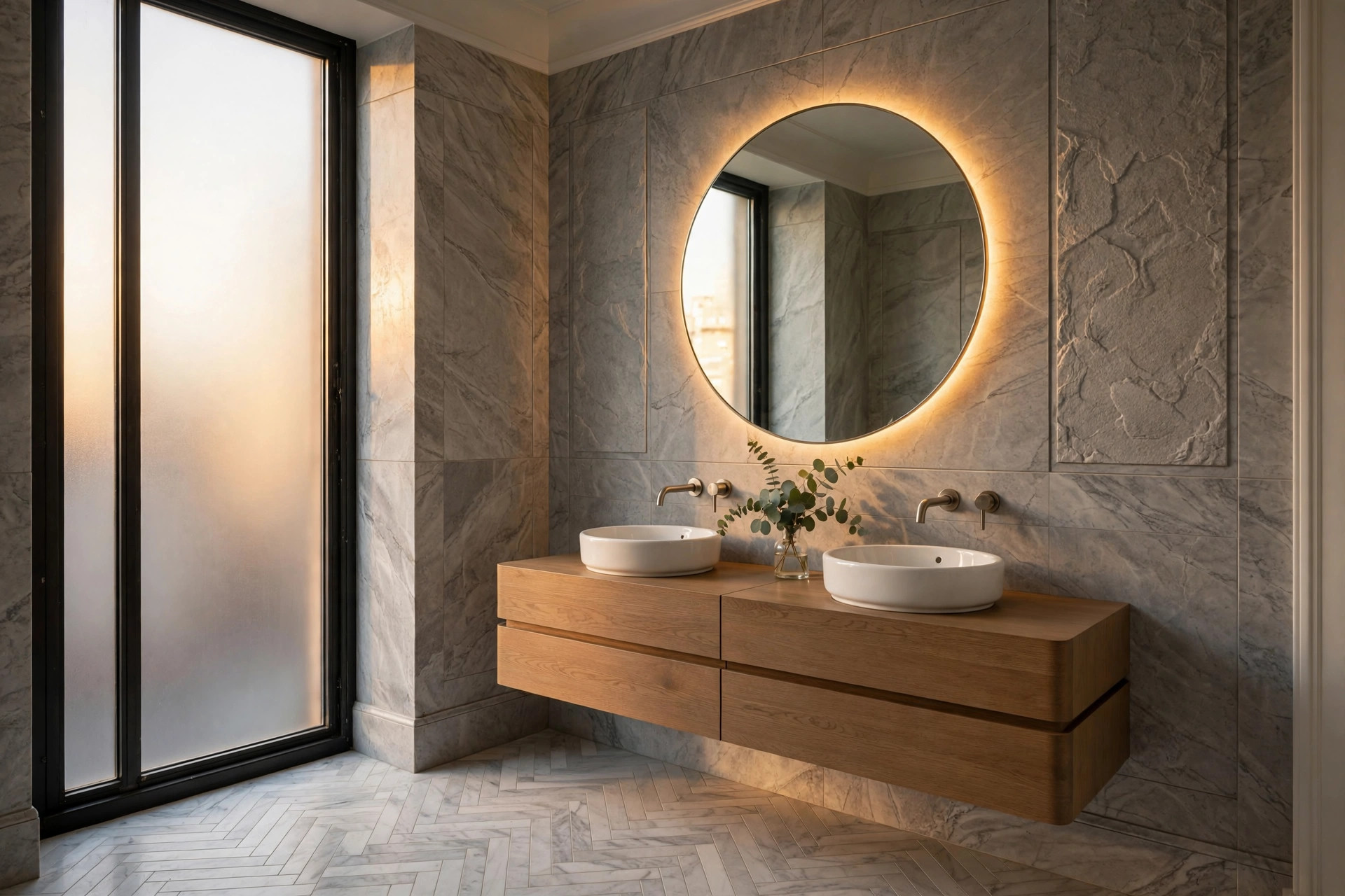 Stone bathroom with a backlit round mirror