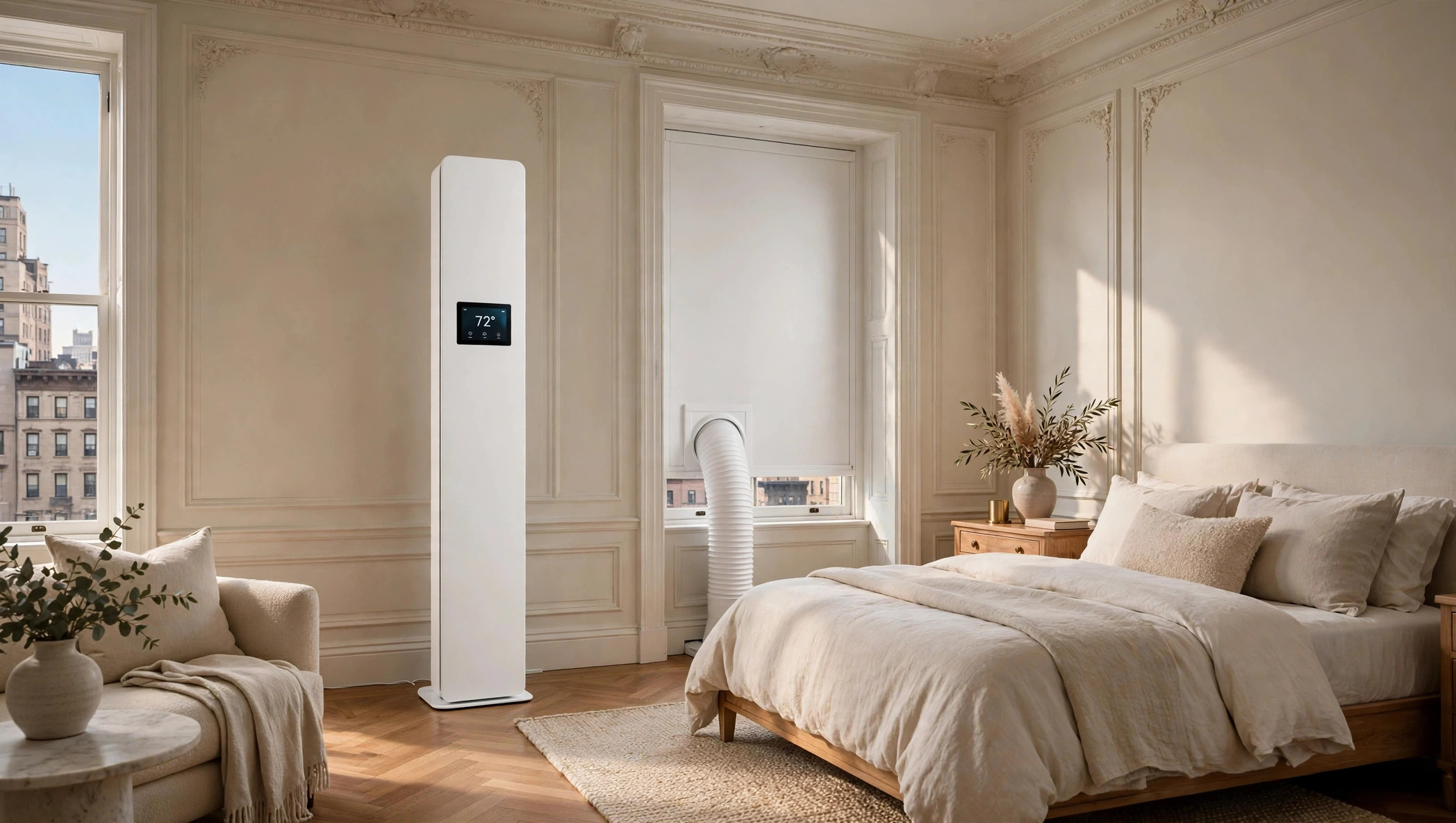 Master bedroom with a Climatmat Slender beside a tall open window