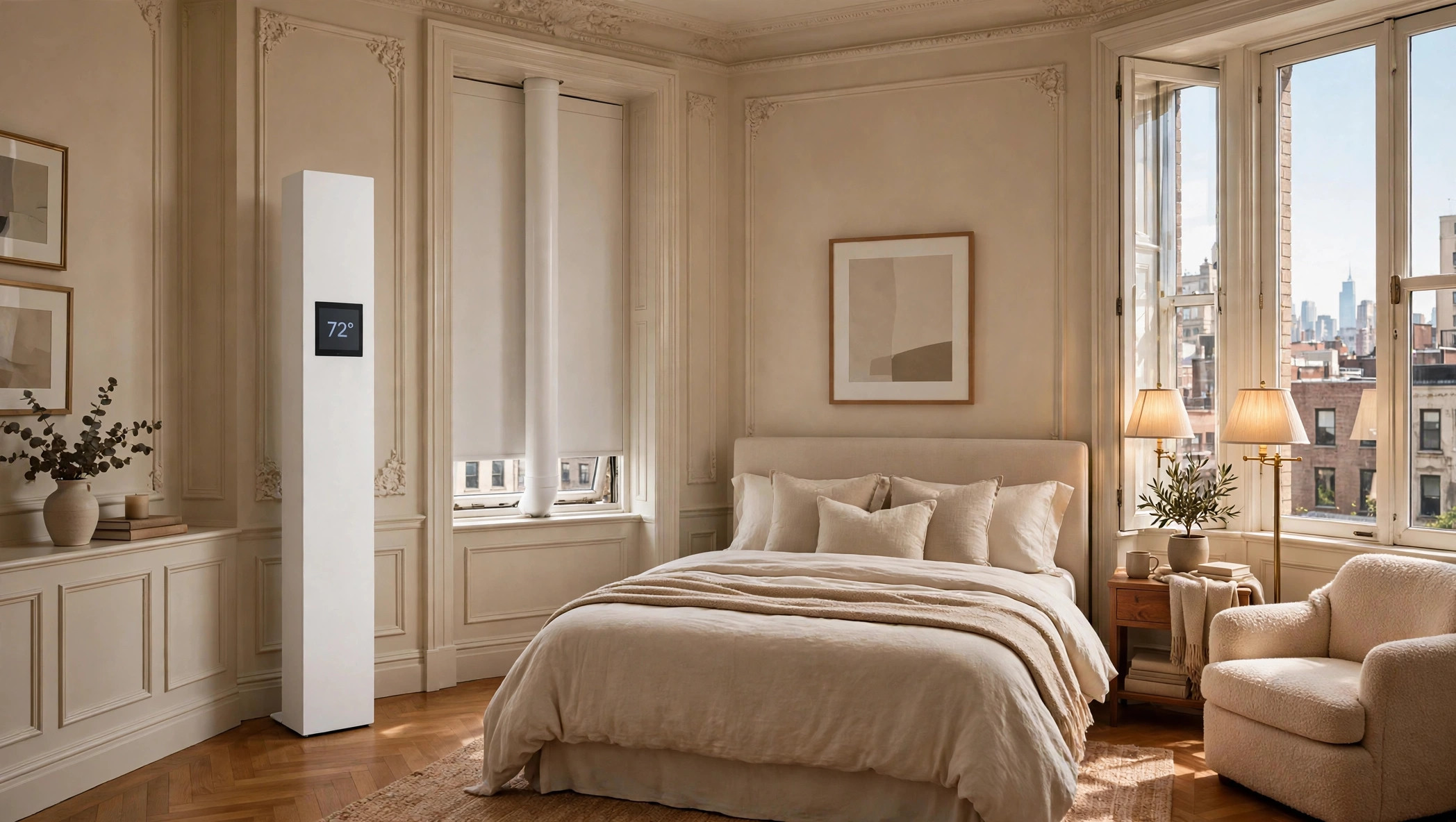 Second bedroom with a Climatmat Slender beside a tall open window