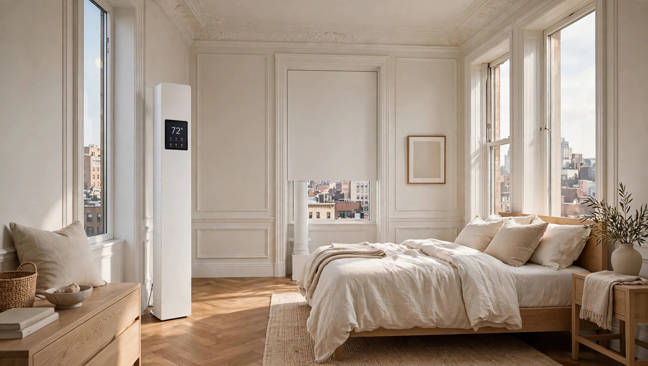 Third bedroom with a Climatmat Slender beside a tall open window